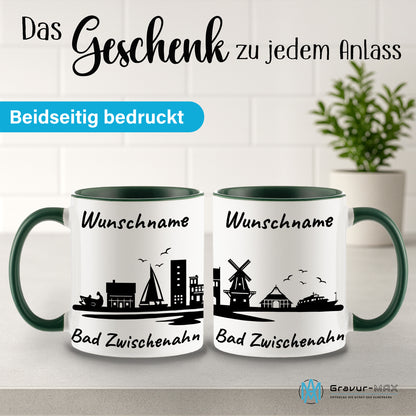 Tasse in Dunkelgrün 330ml bedruckt mit der Skyline von Bad Zwischenahn personalisierbar mit Wunschname