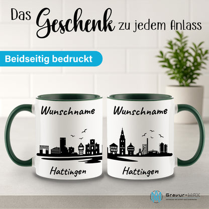 Tasse in Dunkelgrün 330ml bedruckt mit der Skyline von Hattingen personalisierbar mit Wunschname