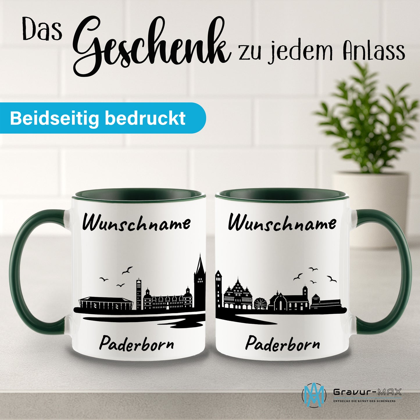 Tasse in Dunkelgrün 330ml bedruckt mit der Skyline von Paderborn personalisierbar mit Wunschname