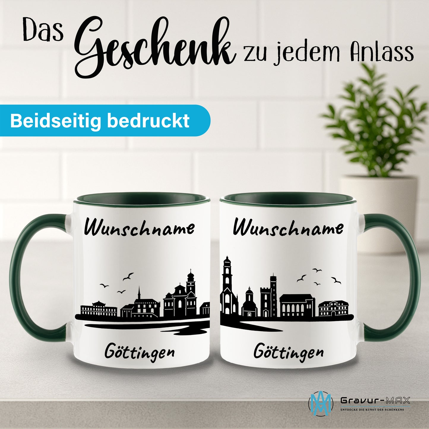 Tasse in Dunkelgrün 330ml bedruckt mit der Skyline von Göttingen personalisierbar mit Wunschname
