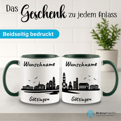 Tasse in Dunkelgrün 330ml bedruckt mit der Skyline von Göttingen personalisierbar mit Wunschname