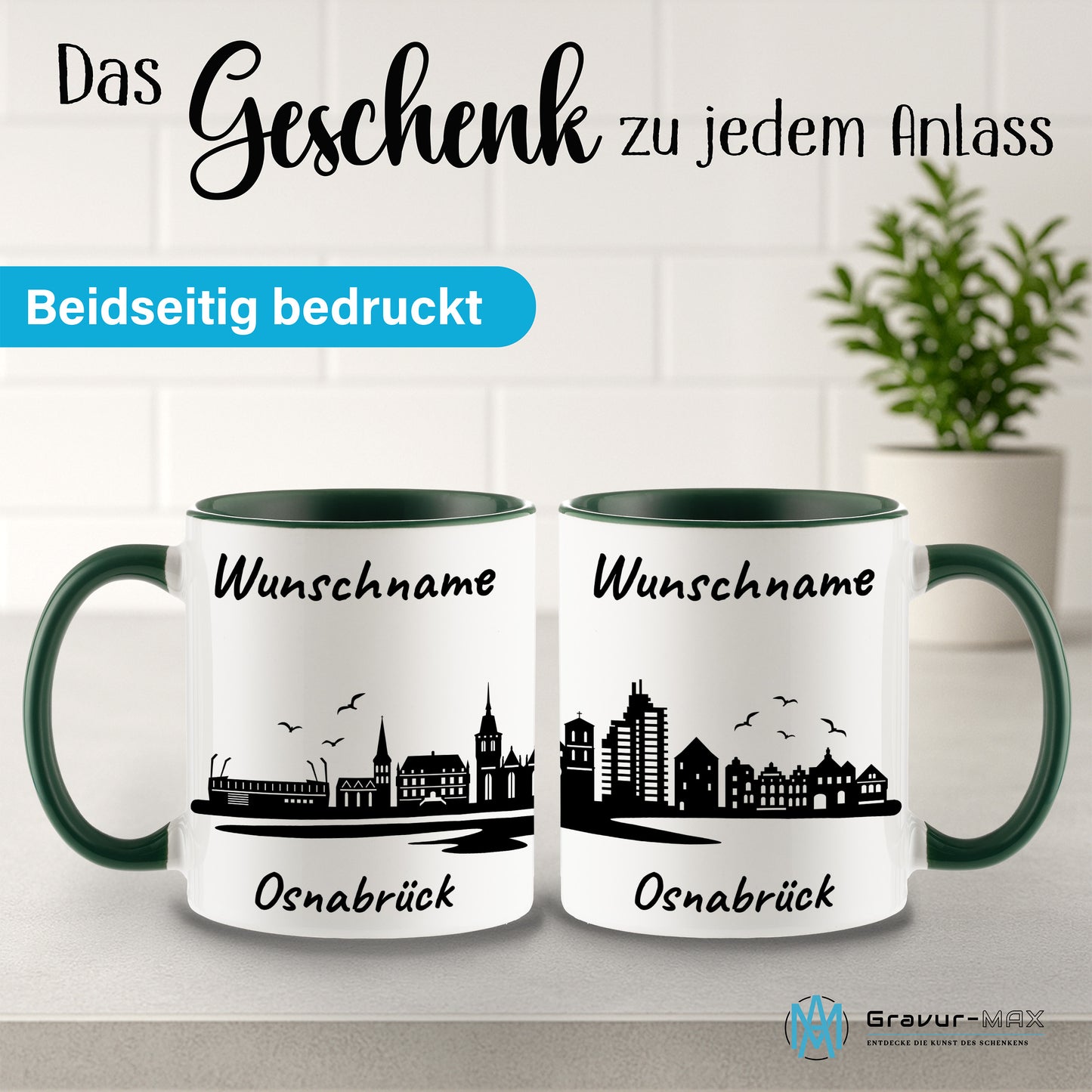 Tasse in Dunkelgrün 330ml bedruckt mit der Skyline von Osnabrück personalisierbar mit Wunschname