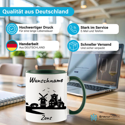 Tasse in Dunkelgrün 330ml bedruckt mit der Skyline von Zons (Dormagen) personalisierbar mit Wunschname