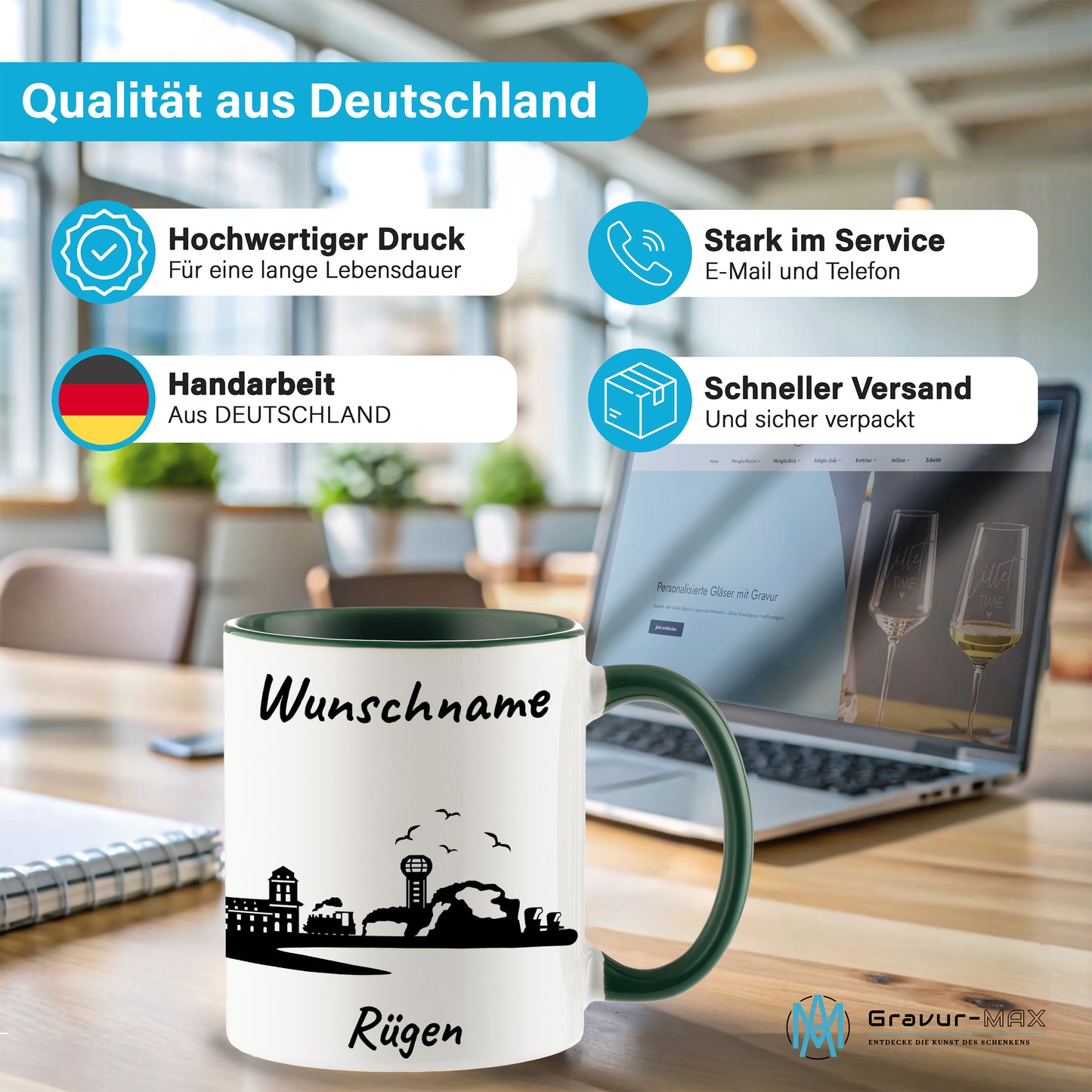 Tasse in Dunkelgrün 330ml bedruckt mit der Skyline von Rügen personalisierbar mit Wunschname