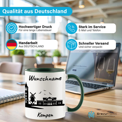 Tasse in Dunkelgrün 330ml bedruckt mit der Skyline von Kempen personalisierbar mit Wunschname