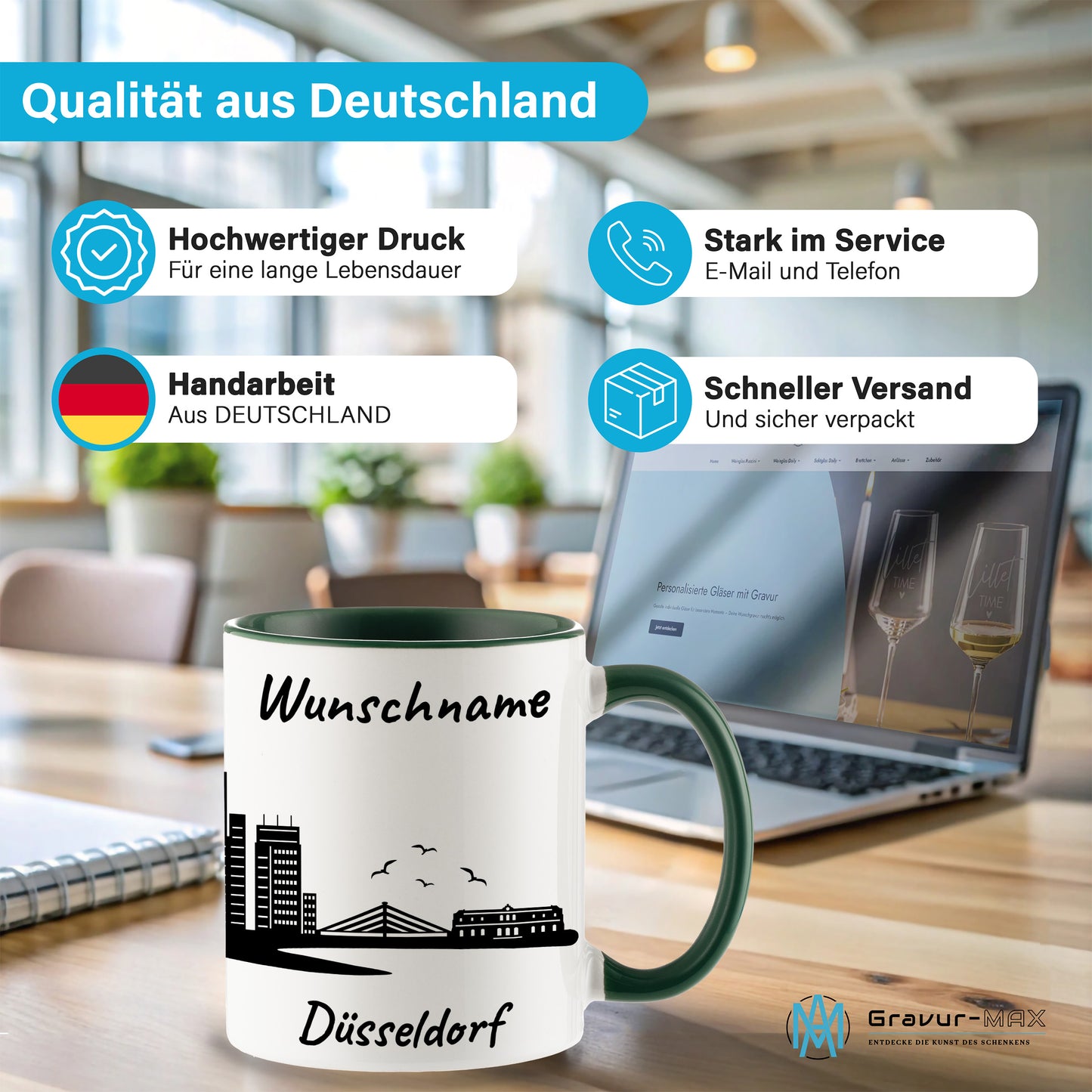 Tasse in Dunkelgrün 330ml bedruckt mit der Skyline von Düsseldorf personalisierbar mit Wunschname