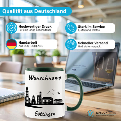 Tasse in Dunkelgrün 330ml bedruckt mit der Skyline von Göttingen personalisierbar mit Wunschname