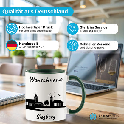 Tasse in Dunkelgrün 330ml bedruckt mit der Skyline von Siegburg personalisierbar mit Wunschname