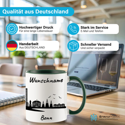 Tasse in Dunkelgrün 330ml bedruckt mit der Skyline von Bonn personalisierbar mit Wunschname
