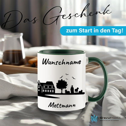 Tasse in Dunkelgrün 330ml bedruckt mit der Skyline von Mettmann personalisierbar mit Wunschname