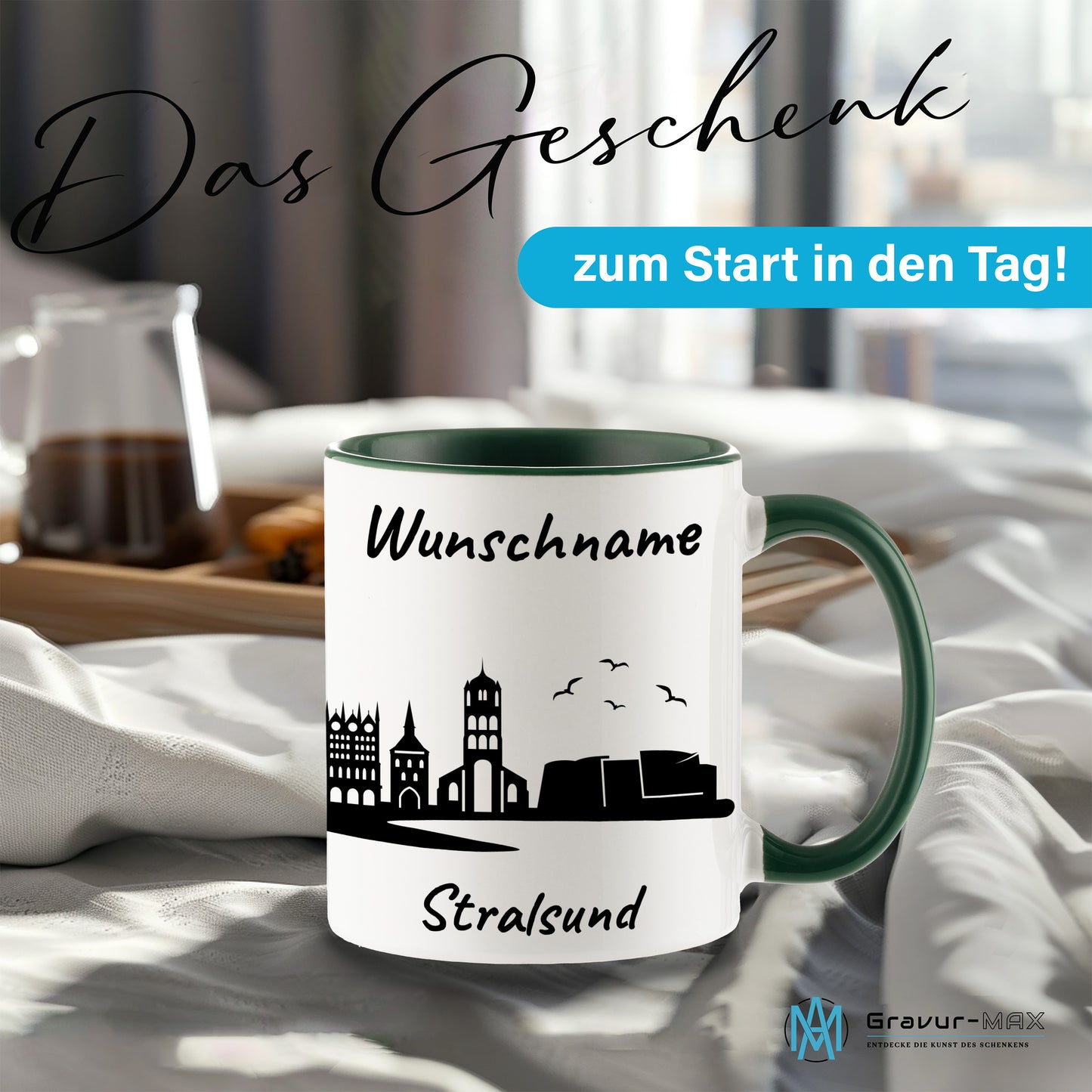 Tasse in Dunkelgrün 330ml bedruckt mit der Skyline von Stralsund personalisierbar mit Wunschname