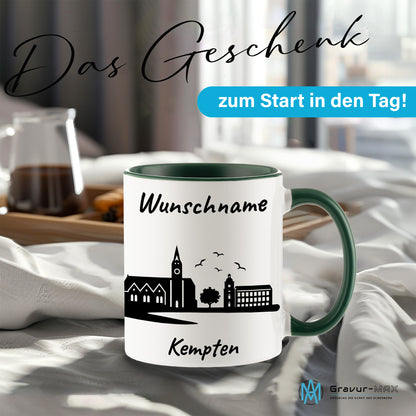 Tasse in Dunkelgrün 330ml bedruckt mit der Skyline von Kempten personalisierbar mit Wunschname