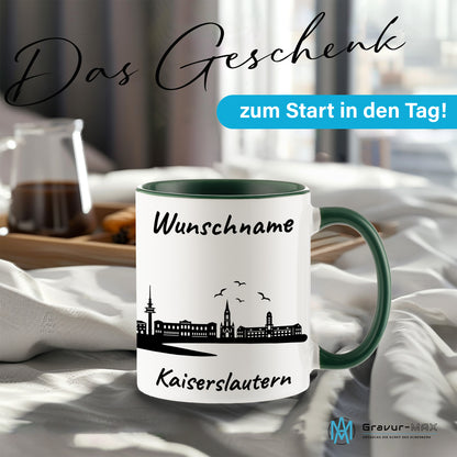 Tasse in Dunkelgrün 330ml bedruckt mit der Skyline von Kaiserslautern personalisierbar mit Wunschname