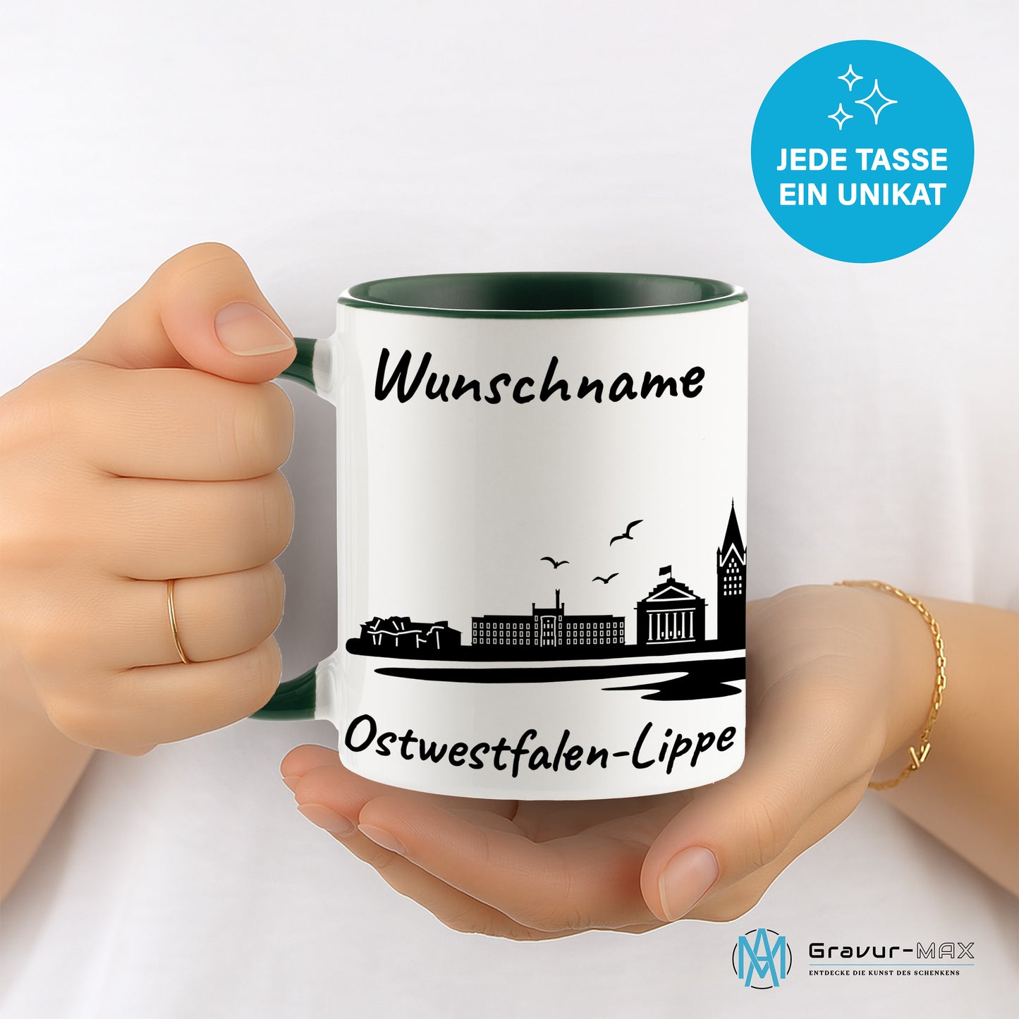 Tasse in Dunkelgrün 330ml bedruckt mit der Skyline von Ostwestfalen-Lippe personalisierbar mit Wunschname