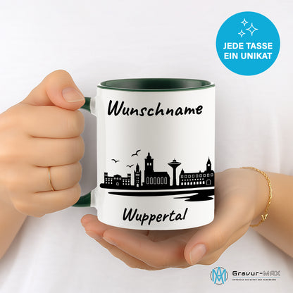 Tasse in Dunkelgrün 330ml bedruckt mit der Skyline von Wuppertal personalisierbar mit Wunschname