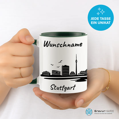 Tasse in Dunkelgrün 330ml bedruckt mit der Skyline von Stuttgart personalisierbar mit Wunschname