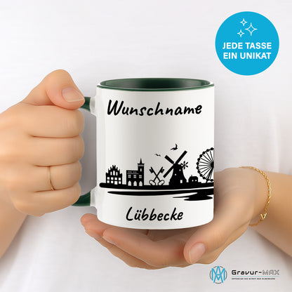 Tasse in Dunkelgrün 330ml bedruckt mit der Skyline von Lübbecke personalisierbar mit Wunschname