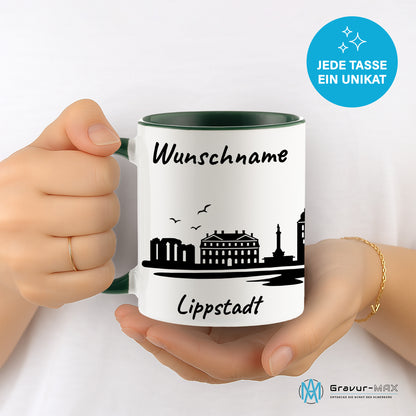 Tasse in Dunkelgrün 330ml bedruckt mit der Skyline von Lippstadt personalisierbar mit Wunschname