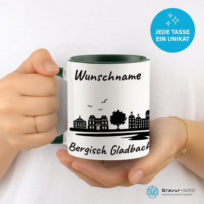 Tasse in Dunkelgrün 330ml bedruckt mit der Skyline von Bergisch Gladbach personalisierbar mit Wunschname