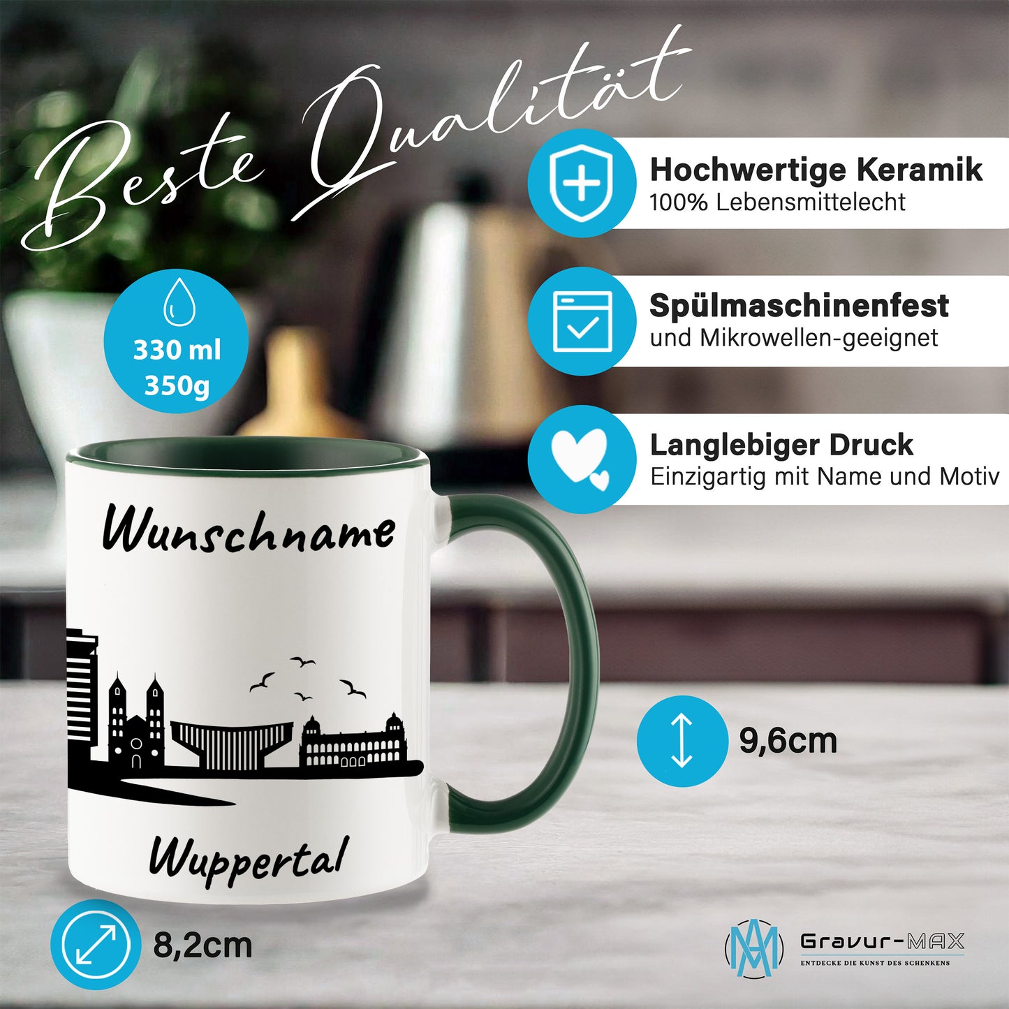 Tasse in Dunkelgrün 330ml bedruckt mit der Skyline von Wuppertal personalisierbar mit Wunschname