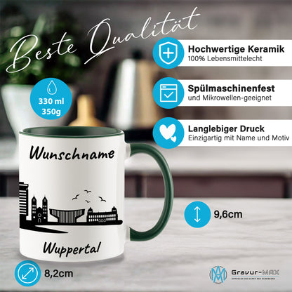 Tasse in Dunkelgrün 330ml bedruckt mit der Skyline von Wuppertal personalisierbar mit Wunschname