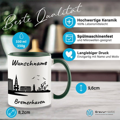 Tasse in Dunkelgrün 330ml bedruckt mit der Skyline von Bremerhaven personalisierbar mit Wunschname