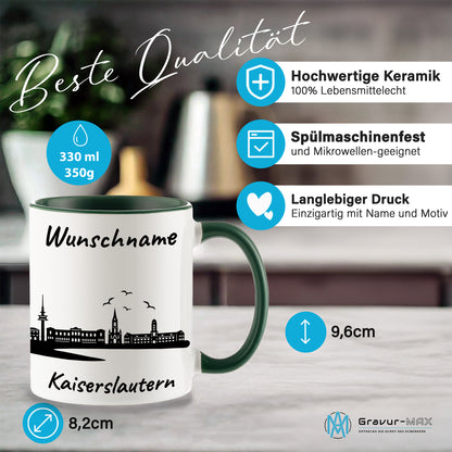 Tasse in Dunkelgrün 330ml bedruckt mit der Skyline von Kaiserslautern personalisierbar mit Wunschname