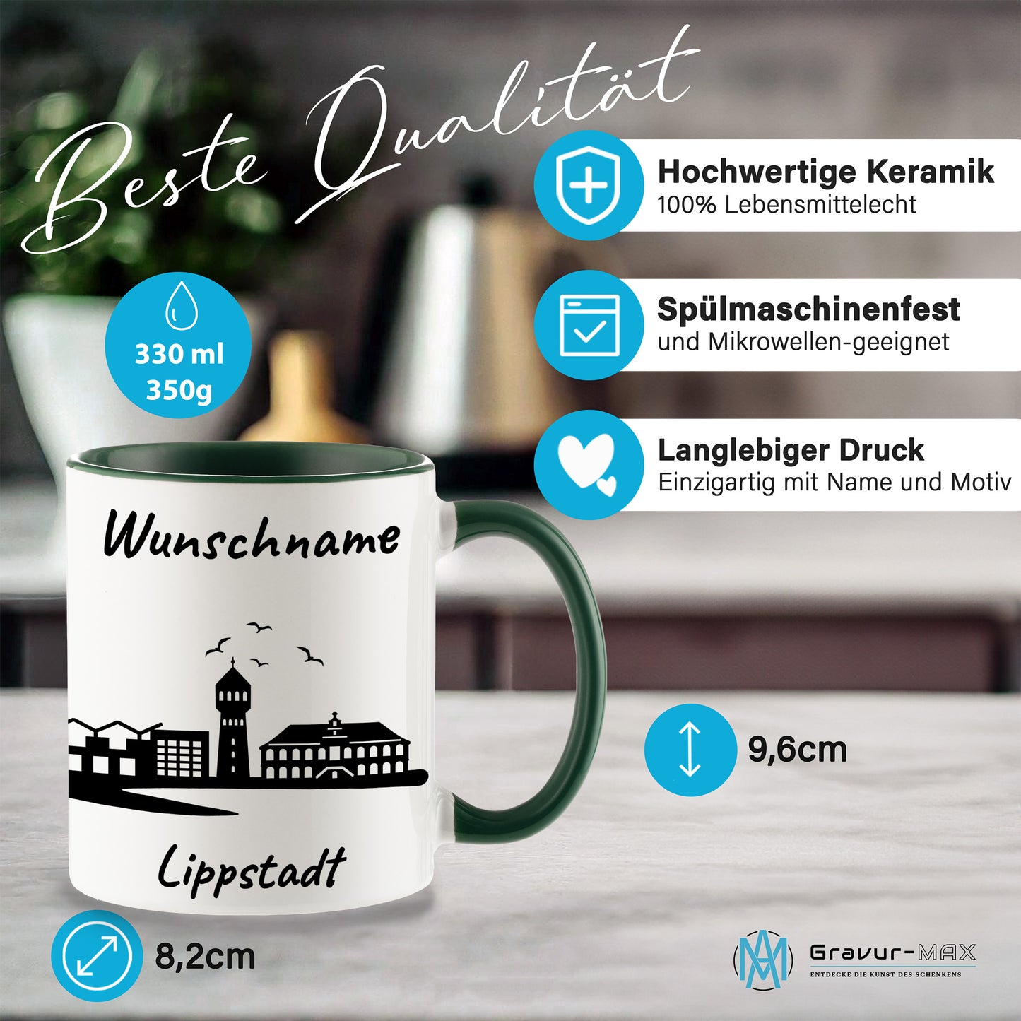 Tasse in Dunkelgrün 330ml bedruckt mit der Skyline von Lippstadt personalisierbar mit Wunschname