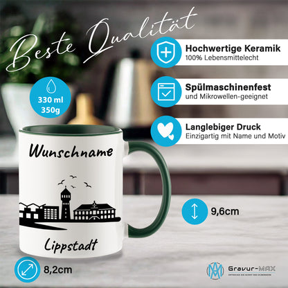 Tasse in Dunkelgrün 330ml bedruckt mit der Skyline von Lippstadt personalisierbar mit Wunschname