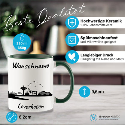Tasse in Dunkelgrün 330ml bedruckt mit der Skyline von Leverkusen personalisierbar mit Wunschname