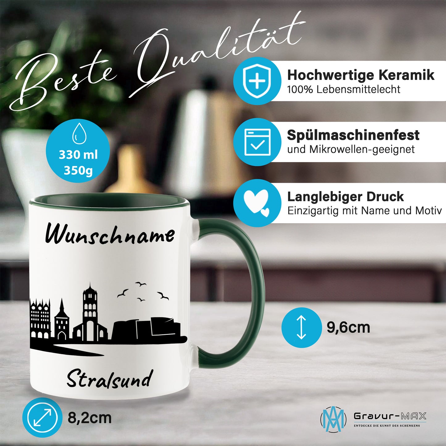 Tasse in Dunkelgrün 330ml bedruckt mit der Skyline von Stralsund personalisierbar mit Wunschname