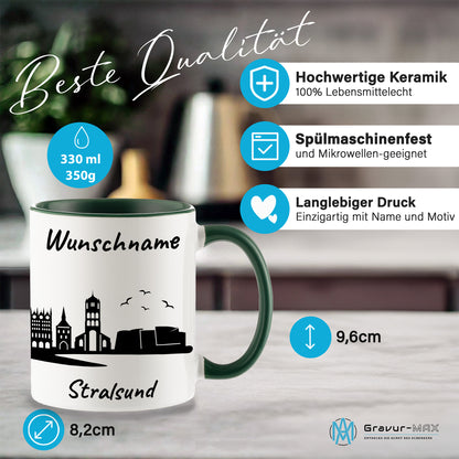Tasse in Dunkelgrün 330ml bedruckt mit der Skyline von Stralsund personalisierbar mit Wunschname