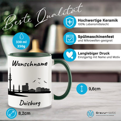 Tasse in Dunkelgrün 330ml bedruckt mit der Skyline von Duisburg personalisierbar mit Wunschname