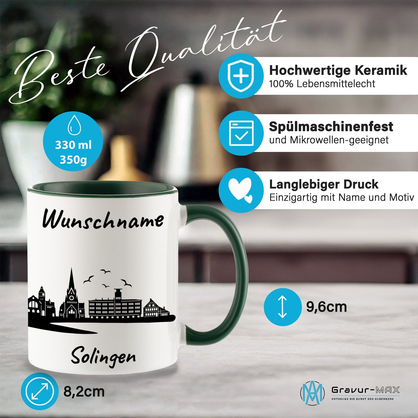 Tasse in Dunkelgrün 330ml bedruckt mit der Skyline von Solingen personalisierbar mit Wunschname