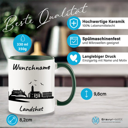 Tasse in Dunkelgrün 330ml bedruckt mit der Skyline von Landshut personalisierbar mit Wunschname