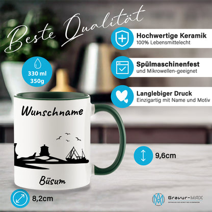 Tasse in Dunkelgrün 330ml bedruckt mit der Skyline von Büsum personalisierbar mit Wunschname