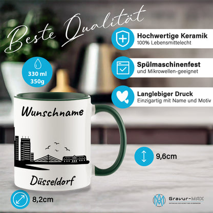 Tasse in Dunkelgrün 330ml bedruckt mit der Skyline von Düsseldorf personalisierbar mit Wunschname