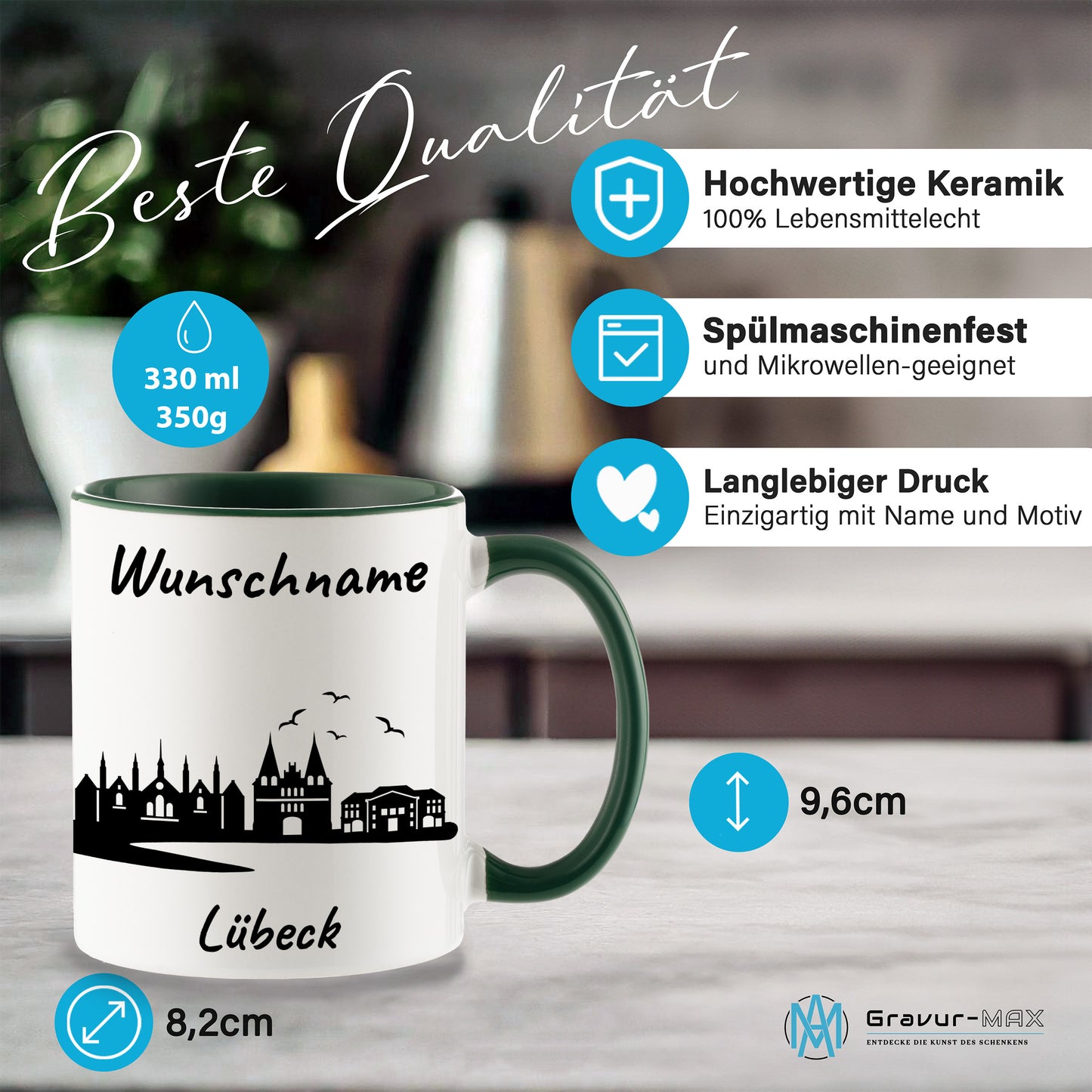 Tasse in Dunkelgrün 330ml bedruckt mit der Skyline von Lübeck personalisierbar mit Wunschname