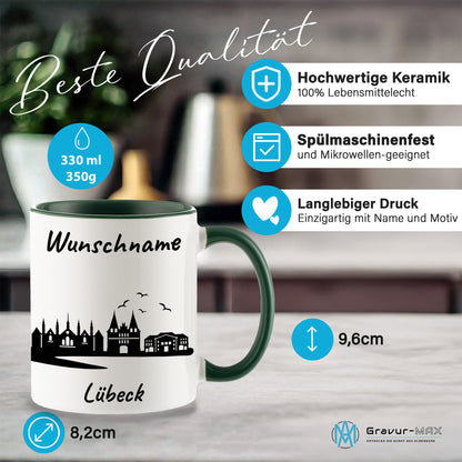 Tasse in Dunkelgrün 330ml bedruckt mit der Skyline von Lübeck personalisierbar mit Wunschname