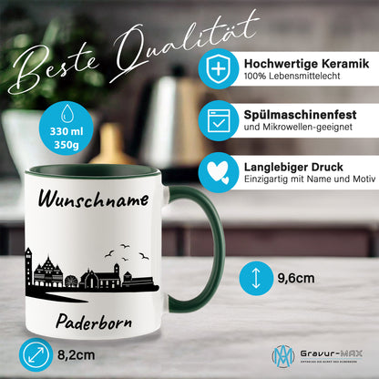 Tasse in Dunkelgrün 330ml bedruckt mit der Skyline von Paderborn personalisierbar mit Wunschname