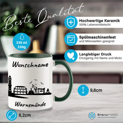 Tasse in Dunkelgrün 330ml bedruckt mit der Skyline von Warnemünde personalisierbar mit Wunschname