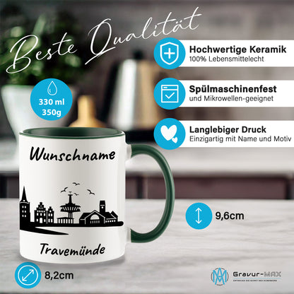 Tasse in Dunkelgrün 330ml bedruckt mit der Skyline von Travemünde personalisierbar mit Wunschname