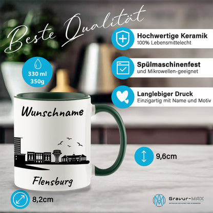 Tasse in Dunkelgrün 330ml bedruckt mit der Skyline von Flensburg personalisierbar mit Wunschname