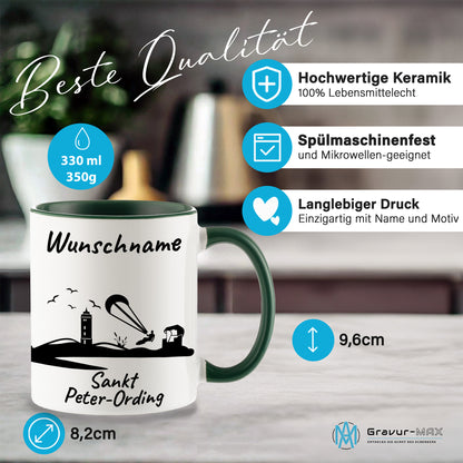 Tasse in Dunkelgrün 330ml bedruckt mit der Skyline von Sankt Peter-Ording personalisierbar mit Wunschname
