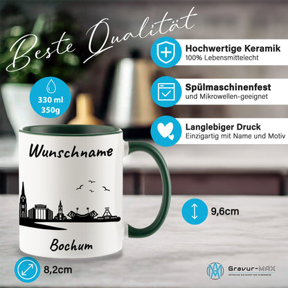 Tasse in Dunkelgrün 330ml bedruckt mit der Skyline von Bochum personalisierbar mit Wunschname