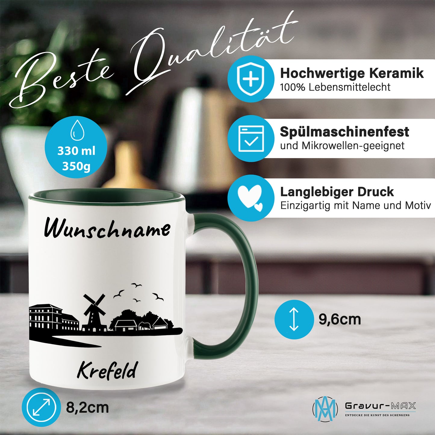Tasse in Dunkelgrün 330ml bedruckt mit der Skyline von Krefeld personalisierbar mit Wunschname