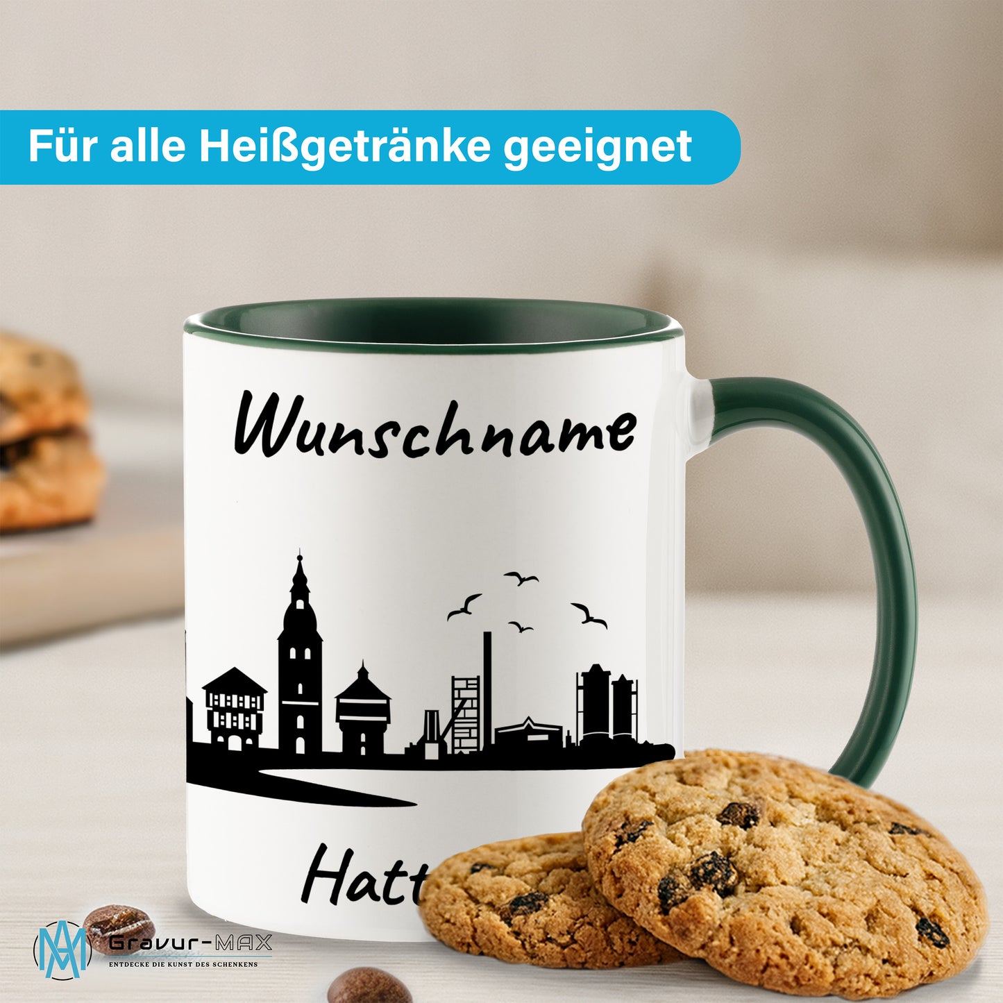 Tasse in Dunkelgrün 330ml bedruckt mit der Skyline von Hattingen personalisierbar mit Wunschname