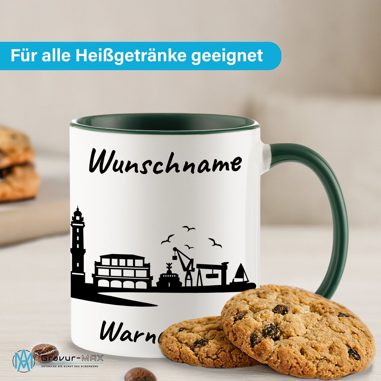 Tasse in Dunkelgrün 330ml bedruckt mit der Skyline von Warnemünde personalisierbar mit Wunschname