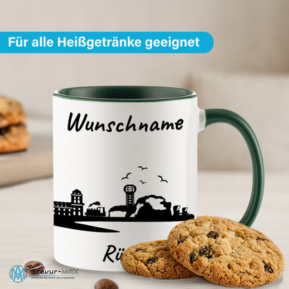 Tasse in Dunkelgrün 330ml bedruckt mit der Skyline von Rügen personalisierbar mit Wunschname