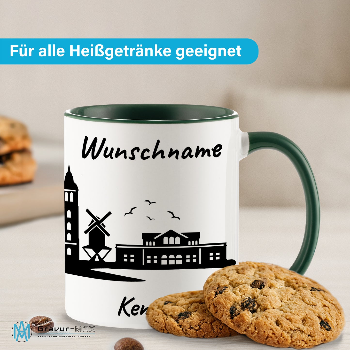 Tasse in Dunkelgrün 330ml bedruckt mit der Skyline von Kempen personalisierbar mit Wunschname